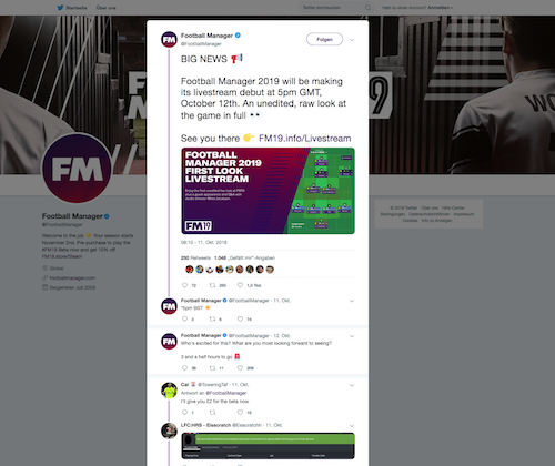 Twitter News zum Start von Football Manager 2019